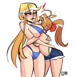 Rule 34 | 2girls, artist name, between breasts, bikini, blonde hair, breast smother, breasts, brown hair, eye contact, face to breasts, female focus, genh, head between breasts, heart, highschool of the dead, hug, imminent kiss, large breasts, long hair, looking at another, marikawa shizuka, miyamoto rei, multiple girls, ponytail, simple background, standing, swimsuit, tagme, white background, yuri