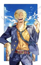 Rule 34 | 1boy, :d, ^ ^, absurdres, belt, belt buckle, bird, blonde hair, blue jacket, blue necktie, blue pants, blue sky, border, brown belt, buckle, buttons, chain, cigarette, closed eyes, closed mouth, cloud, collarbone, collared shirt, commentary, cowboy shot, curly eyebrows, day, facial hair, flock, goatee, hair over one eye, hand up, highres, holding, holding cigarette, jacket, long sleeves, loose necktie, male focus, necktie, oboro keisuke, one eye covered, one piece, open clothes, open jacket, open mouth, outside border, pants, parted bangs, sanji (one piece), shirt, shirt tucked in, short hair, sky, smile, solo, standing, teeth, tongue, white border, yellow shirt