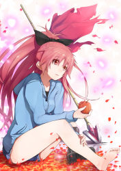 Rule 34 | 10s, 1girl, apple, barefoot, boots, bow, face, feet, food, fruit, hair bow, hood, hoodie, long hair, mahou shoujo madoka magica, mahou shoujo madoka magica (anime), nuko-d, petals, polearm, red eyes, red hair, sakura kyoko, shoes, short shorts, shorts, single shoe, sitting, soles, solo, spear, toes, weapon, wide ponytail, wind