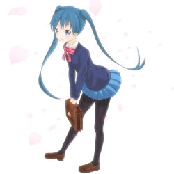 Rule 34 | 1girl, bag, black pantyhose, blue eyes, blue hair, blue skirt, blue sweater, blush, bow, bowtie, breasts, brown footwear, carrying bag, closed mouth, collared shirt, commentary request, full body, kin-iro mosaic, komichi aya, leaning forward, loafers, long hair, long sleeves, looking at viewer, pantyhose, petals, pink bow, pink bowtie, pleated skirt, school bag, school uniform, shinrin, shirt, shoes, skirt, small breasts, smile, solo, standing, striped bow, striped bowtie, striped clothes, striped neckwear, sweater, twintails, white background, white shirt, wing collar