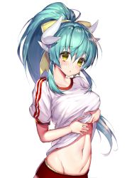 Rule 34 | 1girl, alternate hairstyle, blush, breasts, buruma, clothes lift, fate/grand order, fate (series), green hair, gym uniform, hair ribbon, hip bones, horns, kiyohime (fate), lifted by self, looking at viewer, midriff, mogullaz, multiple horns, navel, ponytail, ribbon, shirt lift, short sleeves, simple background, solo, white background, yellow eyes