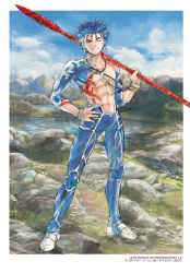 Rule 34 | 1boy, abs, blue hair, bodypaint, bracelet, crescent, crescent necklace, cu chulainn (fate), cu chulainn (fate/stay night), cu chulainn (second ascension) (fate), detached sleeves, earrings, fate/grand order, fate/stay night, fate (series), gae bolg (fate), hand on own hip, holding, holding polearm, holding weapon, jewelry, looking at viewer, male focus, marker (medium), mountain, muscular, navel, necklace, nib pen (medium), official alternate costume, one eye closed, ousaka tama, outdoors, pants, polearm, red eyes, short hair, skin tight, sky, smile, solo, spiked hair, strap, traditional media, type-moon, weapon