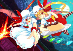 Rule 34 | 2girls, :p, b-ginga, blonde hair, blue hair, cloud, female focus, flandre scarlet, food, foreshortening, hat, long hair, moon, multiple girls, one eye closed, open mouth, pantyhose, pudding, red eyes, remilia scarlet, short hair, siblings, side ponytail, sisters, smile, spear the gungnir, striped clothes, striped legwear, striped pantyhose, tongue, tongue out, touhou, wings, wrist cuffs