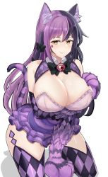 Rule 34 | 1girl, absurdres, animal ear fluff, animal hands, bare shoulders, bell, black hair, blush, body fur, breasts, cat girl, cat tail, checkered clothes, checkered legwear, cheshire cat (monster girl encyclopedia), cleavage, closed mouth, desspie, heart, heart-shaped pupils, highres, jingle bell, kneeling, large breasts, monster girl, monster girl encyclopedia, multicolored hair, purple fur, purple hair, purple theme, simple background, smile, solo, symbol-shaped pupils, tail, thick thighs, thighhighs, thighs, two-tone hair, white background, yellow eyes