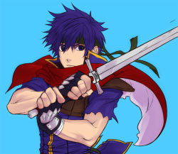 Rule 34 | 1boy, armor, blue background, blue eyes, blue hair, cape, fighting stance, fingerless gloves, fire emblem, fire emblem: path of radiance, gloves, headband, ike (fire emblem), juu satoshi, male focus, matching hair/eyes, nintendo, pauldrons, scarf, shoulder armor, solo, sword, torn clothes, torn sleeves, weapon