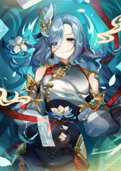 Rule 34 | 1girl, absurdres, aqua eyes, bare shoulders, black pants, chinese commentary, clothing cutout, commentary request, flower, genshin impact, grey hair, guzangnanfeng, hair ornament, head tilt, highres, holding, holding flower, long hair, long sleeves, looking at viewer, pants, shenhe (genshin impact), shirt, shoulder cutout, solo, very long hair, water, white flower, white shirt