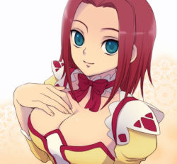 Rule 34 | 00s, 1girl, blue eyes, bow, bowtie, breast hold, breasts, cleavage, code geass, dress, huge breasts, kouzuki kallen, large breasts, plum (arch), red hair, short hair, smile, solo