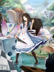 Rule 34 | 1girl, alice: madness returns, alice (alice in wonderland), alice in wonderland, alice liddell (american mcgee&#039;s alice), american mcgee&#039;s alice, american mcgee's alice, apron, bad id, bad pixiv id, black hair, blood, boots, castle, dice, dress, flower, green eyes, hat, highres, jewelry, jojofon, knife, long hair, mushroom, necklace, pantyhose, pocket watch, snail, solo, striped clothes, striped pantyhose, top hat, tree, watch, water