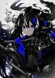Rule 34 | 1boy, black coat, black gloves, black hair, blue eyes, blue hair, coat, commentary, demon boy, dual wielding, earrings, eyelashes, gloves, hand on sheath, highres, holding, horns, jewelry, katana, kusakanmuri, looking at viewer, male focus, medium hair, multicolored hair, original, pointy ears, serious, signature, simple background, spot color, streaked hair, sword, upper body, weapon, white background, white hair