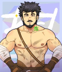 Rule 34 | 1boy, abs, bandaged arm, bandages, bara, beard, black eyes, black hair, blush, facial hair, genshin impact, hands on own hips, highres, kir (kir keropi), large pectorals, looking at viewer, male focus, mature male, muscular, muscular male, mustache, navel, navel hair, nipples, pectorals, short hair, solo, sparkle, stomach, thick eyebrows, topless male, upper body, wagner (genshin impact)