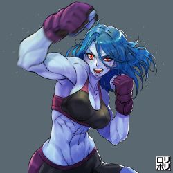 Rule 34 | 1girl, abs, biceps, blue hair, blue skin, colored skin, fingerless gloves, gloves, highres, jamrolypoly, long hair, looking to the side, muscular, muscular female, open mouth, original, punching, red eyes, solo, sports bra, sportswear, sweat, two-tone sports bra