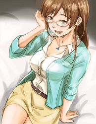 Rule 34 | 1girl, bespectacled, breasts, brown eyes, brown hair, glasses, idolmaster, idolmaster cinderella girls, jewelry, long hair, looking at viewer, medium breasts, necklace, nitta minami, open mouth, smile, solo, unu (unucence)