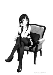 Rule 34 | 1girl, akiyama mio, black thighhighs, bra, chair, crossed legs, dated, full body, garter straps, greyscale, hand on own chin, head rest, high heels, highres, k-on!, long hair, looking at viewer, monochrome, panties, simple background, sitting, solo, thighhighs, underwear, very long hair, white background, zjm530280188