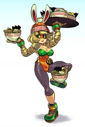 Rule 34 | 1girl, adapted costume, alex ahad, animal ears, arms (game), arms up, beanie, blonde hair, blunt bangs, bowl, bracelet, breasts, cleavage, domino mask, fake animal ears, food, green eyes, hat, highres, jewelry, large breasts, leggings, leotard, mask, min min (arms), nintendo, noodles, parted lips, playboy bunny, rabbit ears, rabbit tail, ramen, smile, solo, tray, white background