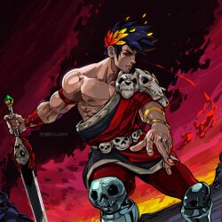 Rule 34 | 1boy, ancient greek clothes, animal skull, armlet, bara, black hair, black sclera, colored sclera, feet out of frame, greco-roman clothes, hades (series), hades 1, highres, holding, holding sword, holding weapon, laurel crown, male focus, muscular, muscular male, nico bascunan, nipples, profile, red eyes, short hair, single bare shoulder, skull, skull belt, solo, sword, twitter username, weapon, zagreus (hades)