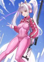 Rule 34 | 1girl, :d, absurdres, alice (nikke), animal ear headphones, animal ears, bodysuit, breasts, covered navel, cropped jacket, djan, fake animal ears, feet out of frame, gloves, goddess of victory: nikke, grey hair, gun, hair intakes, hand on own hip, headphones, headset, highres, impossible bodysuit, impossible clothes, jacket, latex, latex bodysuit, light blush, long hair, looking at viewer, medium breasts, open mouth, outdoors, pink bodysuit, pink eyes, pink gloves, pink headphones, puffy sleeves, red jacket, rifle, sidelocks, skin tight, sky, smile, sniper rifle, solo, twintails, two-tone gloves, v, weapon, weapon behind back, white gloves
