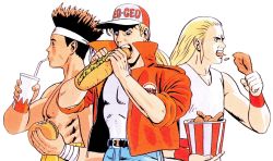 Rule 34 | 3boys, andy bogard, baseball cap, black hair, blonde hair, blouse, bucket of chicken, burger, chicken (food), drink, drinking straw, eating, fatal fury, food, fried chicken, hat, headband, highres, holding, holding food, jacket, joe higashi, long hair, male focus, mori toshiaki, multiple boys, ninja, official art, open mouth, popped collar, retro artstyle, sandwich, shirt, simple background, sleeveless, sleeveless shirt, sleeves rolled up, spiked hair, submarine sandwich, terry bogard, topless male, upper body, white background, white shirt