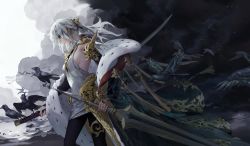 Rule 34 | 1girl, artist name, bird, black bird, breasts, capelet, carciphona, cloud, commentary, cowboy shot, english commentary, gold, gold hairband, green eyes, hair ornament, hairband, highres, holding, holding sword, holding weapon, long hair, multiple swords, photoshop (medium), ponytail, shilin, sideboob, solo, sword, veloce visrin, watermark, weapon, web address, white hair