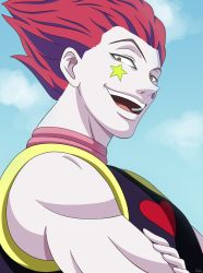 Rule 34 | absurdres, black shirt, collar, crossed arms, heart, highres, hisoka (hunter x hunter), hunter x hunter, looking at viewer, makeup, open mouth, portrait, red hair, remyfive, shirt, sideways glance, sky, smile, star (symbol), wavy hair, yellow eyes