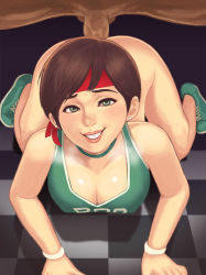 Rule 34 | 1girl, alternate costume, bottomless, breasts, brown hair, capcom, censored, cleavage, headband, looking at viewer, maou alba, rebecca chambers, resident evil, resident evil 0, sex, solo focus, sweat