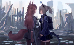 Rule 34 | 2girls, absurdres, animal ears, arknights, backpack, bag, ballistic shield, black legwear, black shirt, black skirt, blue jacket, brown eyes, brown gloves, brown hair, building, chinese commentary, closed mouth, commentary request, cowboy shot, day, dragon horns, dragon tail, elbow gloves, fox ears, fox girl, fox tail, franka (arknights), gloves, gun, half updo, handgun, highres, holding, holding gun, holding shield, holding sword, holding weapon, horns, id card, jacket, liskarm (arknights), long hair, long sleeves, multiple girls, open clothes, open jacket, outdoors, pantyhose, pistol, ponytail, profile, ruins, serious, shield, shirt, silver hair, skirt, sky, sword, tail, thighhighs, weapon, xiaoandap