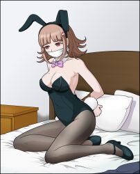Rule 34 | 1girl, animal ears, bare shoulders, bed, black footwear, black leotard, bound, bound wrists, bow, bowtie, breasts, brown hair, brown pantyhose, cleavage, cloth gag, danganronpa (series), danganronpa 2: goodbye despair, detached collar, fake animal ears, gag, gagged, galaga, highres, improvised gag, just some guy, large breasts, leotard, medium hair, mole, mole on breast, nanami chiaki, official alternate costume, pantyhose, pillow, pink bow, pink bowtie, rabbit ears, rabbit tail, rope, solo, tail