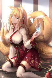 Rule 34 | 1girl, animal ears, blonde hair, blue eyes, breasts, eyelashes, floral print, fox ears, fox tail, hair ornament, hakama, hakama skirt, indoors, japanese clothes, kimono, large breasts, lens flare, limeblock, long hair, long sleeves, looking at viewer, multiple tails, original, parted lips, red hakama, shoes, sitting, skirt, slit pupils, solo, tail, thighhighs, very long hair, white thighhighs, wooden floor, yokozuwari, zettai ryouiki