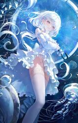 Rule 34 | 1girl, absurdres, blue eyes, blue hair, blurry, breasts, center frills, choker, commentary, depth of field, detached sleeves, dress, feet out of frame, floating hair, frilled choker, frills, garter belt, garter straps, highres, holding, holding umbrella, jellyfish, layered dress, light blue hair, long hair, looking at viewer, lunia, medium breasts, open mouth, original, panties, pantyshot, sleeveless, sleeveless dress, smile, solo, standing, symbol-only commentary, thighhighs, umbrella, underwater, underwear, water drop, white choker, white dress, white panties, white sleeves, white thighhighs