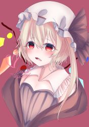 Rule 34 | 1girl, absurdres, alternate costume, blonde hair, blush, breasts, cleavage, crystal, flandre scarlet, hair between eyes, hat, hat ribbon, highres, kunose yaryu, long hair, looking at viewer, mob cap, open mouth, pink background, red background, red eyes, ribbon, small breasts, solo, touhou, upper body, white hat, wings