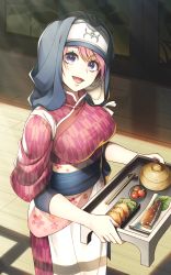Rule 34 | 1girl, ainu clothes, aquaplus, artist request, breasts, chopsticks, dress, eyelashes, eyes visible through hair, food, from above, from side, gradient eyes, hair between eyes, hair over one eye, hat, head tilt, highres, holding, holding tray, large breasts, leaf, light rays, long sleeves, looking at viewer, maid, meat, multicolored eyes, official art, open mouth, pink hair, plate, purple eyes, raised eyebrows, shadow, solo, standing, taut clothes, tomato, tongue, touka (utawarerumono), tray, utawarerumono, utawarerumono: itsuwari no kamen, utawarerumono: lost flag, wooden floor