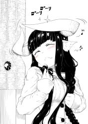 Rule 34 | 1girl, animal ears, beamed quavers, black hair, blunt bangs, blush, bow, braid, closed eyes, greyscale, hand in own hair, happy, holding, holding hair, horned girl (jaco), horns, jaco, long hair, monochrome, musical note, original, quaver, sidelocks, simple background, solo, sparkle, spoken musical note, spot color, upper body, white background