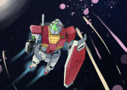 Rule 34 | absurdres, artist request, explosion, gm (mobile suit), gun, gundam, highres, holding, holding weapon, mecha, mobile suit gundam, no humans, robot, shield, space, weapon