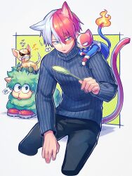 Rule 34 | 1boy, :p, ?, anger vein, angry, animal, animal ear fluff, animal ears, animal on head, animal on shoulder, animalization, bakugou katsuki, black pants, blue eyes, blue sweater, boku no hero academia, cat, cat boy, cat ears, cat on shoulder, cat tail, cat teaser, chihuahua, clenched teeth, closed mouth, commentary request, cropped legs, dog, fire, fire, flame-tipped tail, green background, grey eyes, hair between eyes, hand up, heterochromia, highres, holding, looking at another, male focus, mecyo (mamezurushiki), midoriya izuku, multicolored hair, on head, pants, red hair, ribbed sweater, scar, scar on face, sheep, short hair, simple background, speech bubble, spoken question mark, sweater, tail, teeth, todoroki shouto, tongue, tongue out, turtleneck, turtleneck sweater, two-tone hair, v-shaped eyebrows, white background, white hair