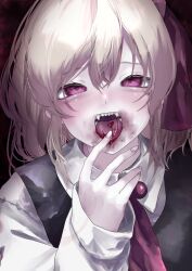 Rule 34 | 1girl, absurdres, blood, fangs, fingernails, half-closed eyes, hand up, highres, looking at viewer, medium hair, neck bobbles, open mouth, rumia, sharp teeth, sleeves past wrists, solo, t terano, teeth, tongue, tongue out, touhou, upper body