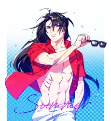 Rule 34 | abs, black hair, unworn eyewear, final fantasy, final fantasy vii, long hair, looking to the side, male focus, muscular, open clothes, open shirt, pale skin, pants, peonrin, red eyes, red shirt, scar, shirt, short sleeves, solo, sunglasses, vincent valentine, white pants