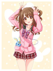 Rule 34 | 1girl, :d, arms up, bad id, bad pixiv id, blush, brown eyes, brown hair, rabbit, cardigan, digital media player, hair bobbles, hair ornament, headphones, headphones around neck, highres, long hair, looking at viewer, musical note, open mouth, original, plaid, plaid skirt, pleated skirt, quaver, school uniform, skirt, smile, solo, sweater, two side up, yuuki (yukinko-02727)