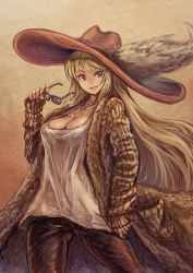 Rule 34 | 1girl, awilda (p&amp;d), blonde hair, breasts, cleavage, coat, collarbone, contemporary, glasses, hat, hat feather, jewelry, large breasts, long hair, mole, mole under eye, necklace, puzzle &amp; dragons, shouma (bravespiritya), smirk, solo, sunglasses, very long hair