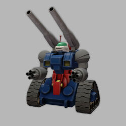 Rule 34 | 3d, arm cannon, cannon, caterpillar tracks, chibi, commentary, concept art, damaged, english commentary, grey background, gundam, guntank, highres, mecha, mobile suit, mobile suit gundam, no humans, radio antenna, realistic, reistarks, robot, science fiction, shoulder cannon, solo, weapon