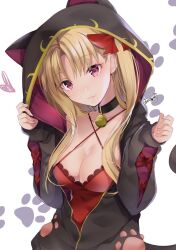 Rule 34 | 1girl, adapted costume, akatsuki hijiri, animal ear hood, animal ears, bell, black choker, black jacket, blonde hair, blush, bow, breasts, camisole, cat ears, choker, cleavage, closed mouth, collarbone, commentary, commission, criss-cross halter, ereshkigal (fate), eyelashes, eyes visible through hair, fake animal ears, fang, fate/grand order, fate (series), frilled camisole, frills, hair bow, hair over shoulder, halterneck, hands up, head tilt, heart, hood, hood up, hooded jacket, jacket, jingle bell, large breasts, long hair, looking at viewer, neck bell, parted bangs, partially unzipped, paw print, red bow, red camisole, red eyes, signature, simple background, skeb commission, skin fang, sleeves past wrists, smile, solo, two side up, upper body, white background, zipper