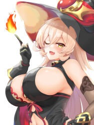 Rule 34 | 1girl, bare shoulders, blonde hair, breasts, cape, cleavage, fingerless gloves, gloves, hair between eyes, hat, highres, large breasts, looking at viewer, navel, nijisanji, nui sociere, nui sociere (1st costume), one eye closed, open mouth, reirall, sideboob, simple background, solo, underboob, virtual youtuber, white background, witch, witch hat, yellow eyes