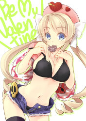 Rule 34 | 1girl, arrow through heart, beret, bikini, black bikini, blonde hair, blue eyes, bow, breasts, candy, chocolate, chocolate heart, closed mouth, commentary request, curly hair, denim, denim shorts, english text, food, granblue fantasy, hair bow, hat, heart, kdc (koineko), large breasts, leaning to the side, long hair, monica (granblue fantasy), mouth hold, navel, outline, pink hat, shorts, skull, smile, solo, strap slip, swimsuit, twintails, unbuttoned, unzipped, valentine, very long hair, white background, white bow, zipper