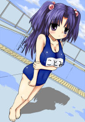 Rule 34 | 00s, 1girl, barefoot, blue eyes, blue hair, breasts, clannad, cleavage, cloud, day, dutch angle, covered erect nipples, hair bobbles, hair ornament, huge breasts, ichinose kotomi, kiori nezumi, long hair, matching hair/eyes, one-piece swimsuit, outdoors, perspective, pool, pool ladder, poolside, puddle, school swimsuit, shadow, skindentation, solo, swimsuit, two side up