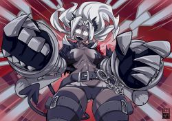 Rule 34 | absurdres, bayeuxman, belt, black jacket, breasts, cameltoe, clawed gauntlets, cleavage, cleft of venus, dark skin, demon girl, demon horns, demon tail, furrowed brow, glowing, glowing eyes, gluteal fold, helltaker, highres, horns, jacket, judgement (helltaker), large breasts, long hair, looking at viewer, looking up, open clothes, open jacket, open mouth, ponytail, sidelocks, smile, solo, tail, thick thighs, thighs, tongue, tongue out, white eyes, white hair, wide hips