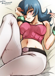 Rule 34 | 1girl, blue hair, blush, bracelet, breasts, creatures (company), crop top, game freak, jewelry, long hair, looking at viewer, lying, medium breasts, midriff, mina cream, navel, nintendo, pants, parted lips, pink tank top, pokemon, pokemon hgss, red eyes, sabrina (pokemon), solo, spaghetti strap, stomach, tank top, thighs, white pants