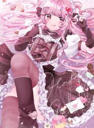 Rule 34 | 1girl, absurdres, black choker, blush, brown dress, brown eyes, chibana sora, choker, dress, fingerless gloves, frilled dress, frills, gloves, hair ornament, heart, heart hair ornament, highres, long hair, long sleeves, looking at viewer, lying, maid headdress, multicolored clothes, multicolored dress, nail polish, original, petals, pink hair, smile, solo, tongue, tongue out, valentine, white dress