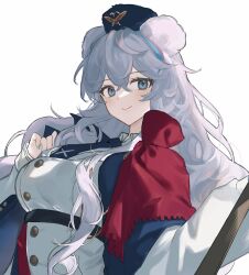 Rule 34 | 1girl, 2naom8q6gt87292, animal ears, arknights, bear ears, blue eyes, blue nails, blush, breasts, buttons, capelet, closed mouth, double-parted bangs, fur hat, grey hair, hair between eyes, hat, highres, holding, long hair, long sleeves, looking at viewer, medium breasts, multicolored hair, nail polish, necktie, no heterochromia, rosa (arknights), simple background, smile, solo, streaked hair, underbust, upper body, ushanka, wavy hair