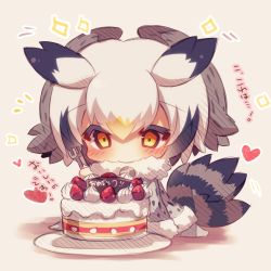 Rule 34 | 10s, 1girl, black hair, blush, cake, chibi, closed mouth, coat, food, fork, fruit, fur-trimmed coat, fur-trimmed sleeves, fur collar, fur trim, grey coat, grey hair, hair between eyes, head wings, heart, holding, holding fork, kemono friends, long sleeves, multicolored hair, muuran, no shoes, northern white-faced owl (kemono friends), orange eyes, orange hair, pantyhose, plate, solo, sparkle, strawberry, strawberry shortcake, translation request, white pantyhose, wings