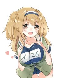 Rule 34 | 10s, 1girl, :d, breasts, brown eyes, hairband, heart, highres, i-26 (kancolle), k rough, kantai collection, large breasts, leaning forward, light brown hair, long hair, looking at viewer, name tag, new school swimsuit, one-piece swimsuit, open clothes, open mouth, sailor collar, school swimsuit, short sleeves, smile, solo, swimsuit, swimsuit under clothes, two-tone hairband, two side up
