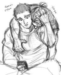 Rule 34 | 2boys, bara, beard stubble, buzz cut, couple, facial hair, golden kamuy, grabbing, grabbing from behind, graphite (medium), greyscale, hand on another&#039;s head, head on another&#039;s shoulder, kasuke (li tgknk), loose hair strand, male focus, mature male, monochrome, multiple boys, muscular, muscular male, ogata hyakunosuke, pectoral grab, short hair, sketch, stubble, tanigaki genjirou, thick eyebrows, traditional media, translation request, very short hair, yaoi