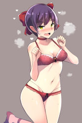 Rule 34 | 1girl, :d, bare arms, bare shoulders, blush, bow, bra, breasts, choker, cleavage, collarbone, fang, gegege no kitarou, green eyes, hair bow, hands up, heart, ippongui, lace, lace-trimmed bra, lace trim, leg up, looking at viewer, navel, nekomusume, nekomusume (gegege no kitarou 6), nose blush, open mouth, panties, paw pose, purple background, purple hair, red bow, red bra, red choker, red footwear, red panties, see-through, short hair, simple background, small breasts, smile, solo, standing, standing on one leg, steaming body, stomach, sweat, thighs, thong, underwear, underwear only